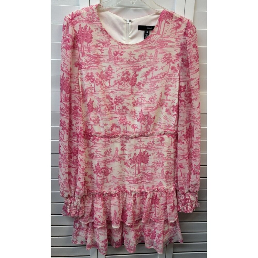 AQUA Pink Toile Print Ruffle Mini Dress Long Sleeve Cheetah Landscape Size L‎
